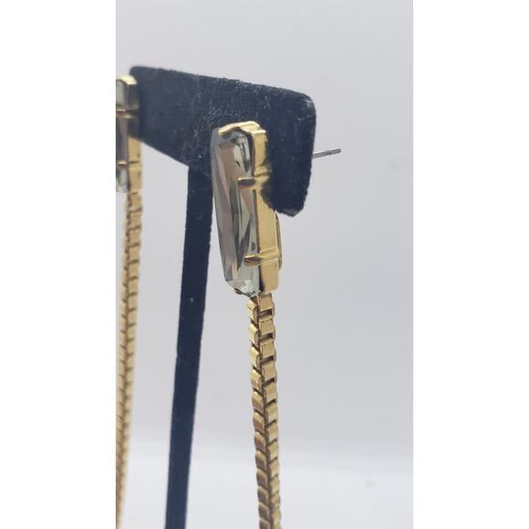 Gold Long Spike Box Chain Drop Earrings Smokey Topaz Crystal Stone Dangle - Picture 2 of 6